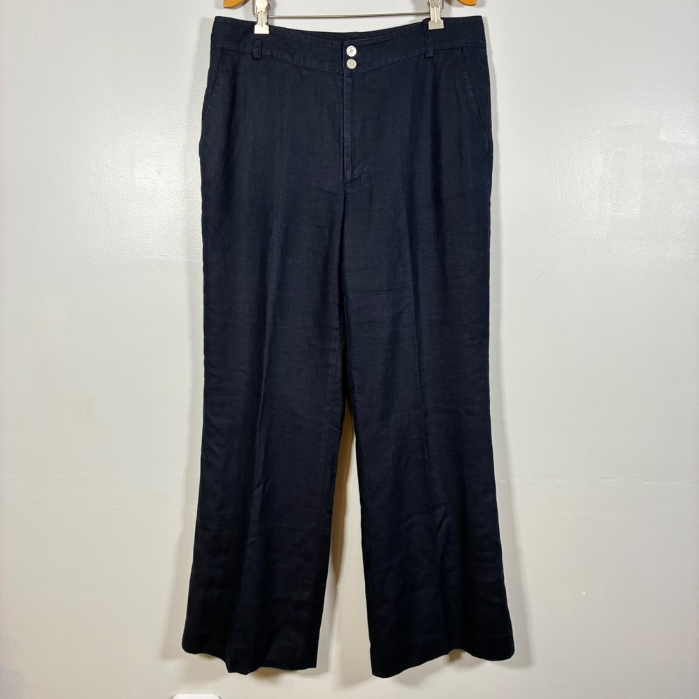 Chaps Pants 12 Navy Blue Linen Wide Leg Classic Coastal Nautical Luxury Preppy